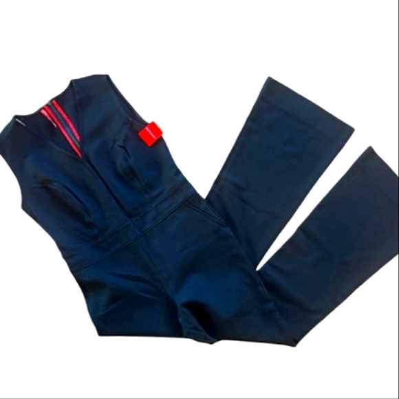 SPANX Perfect Sleeveless Jumpsuit Classic Black Ponte Flare Leg V-neck Slimming - Picture 9 of 16